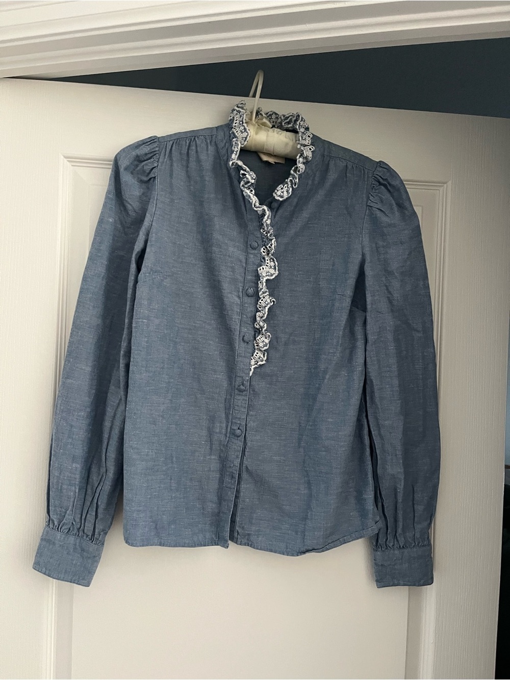 Sezane Chlo Blue Ruffle-Trim Button-Up Blouse